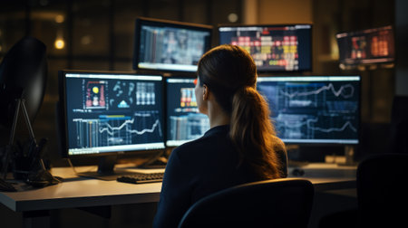 A woman works on several computer screens. Generative AIの素材