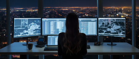 A woman works on several computer screens. Generative AIの素材