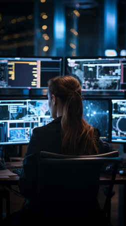 A woman works on several computer screens. Generative AIの素材