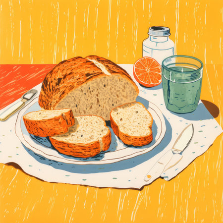 Bread on the table in retro style. Generative AIの素材