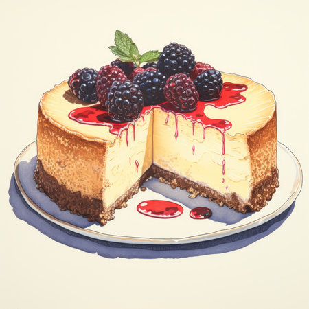 Cheesecake with berries in retro style. Generative AIの素材