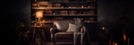 A cozy corner with a comfortable chair and a bookcase. An ideal place for reading and relaxing. Generative AIの素材