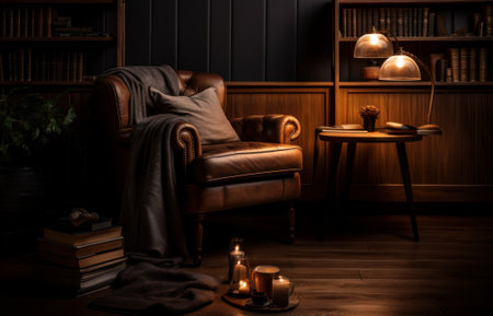 A cozy corner with a comfortable chair and a bookcase. An ideal place for reading and relaxing. Generative AIの素材