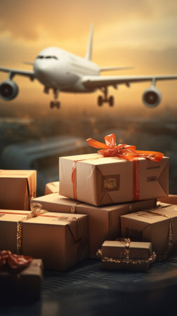 Airplane with a box. The concept of aviation logistics. Generative AIの素材