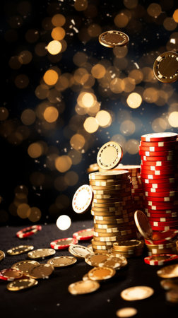 Dynamic casino background with gold coins in a bright and energetic atmosphere. Generative AIの素材