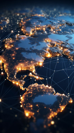 A network of interconnected lines surrounds the Earth's surface. Concept of global communication. Generative AIの素材