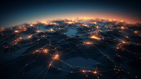 A network of interconnected lines surrounds the Earth's surface. Concept of global communication. Generative AIの素材