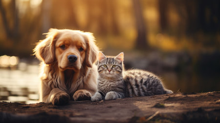 A cat and a dog together. The concept of friendship between different species. Generative AIの素材