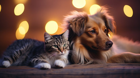 A cat and a dog together. The concept of friendship between different species. Generative AIの素材