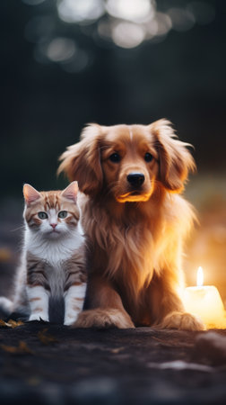 A cat and a dog together. The concept of friendship between different species. Generative AIの素材