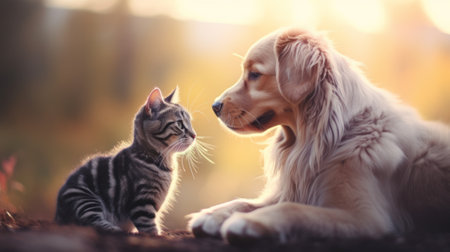 A cat and a dog together. The concept of friendship between different species. Generative AIの素材