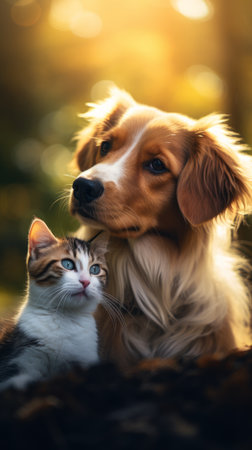 A cat and a dog together. The concept of friendship between different species. Generative AIの素材