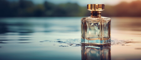 Perfume bottle on water. Generative AIの素材