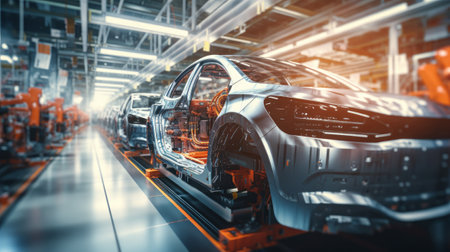 Futuristic electric cars at a factory with copy space. Generative AIの素材