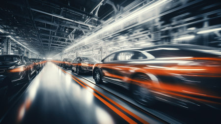 Futuristic electric cars at a factory with copy space. Generative AIの素材