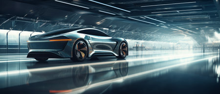 Futuristic electric cars at a factory with copy space. Generative AIの素材