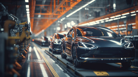 Futuristic electric cars at a factory with copy space. Generative AIの素材
