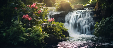A quiet garden with a beautiful waterfall. Lush greenery and blooming flowers. Generative AIの素材