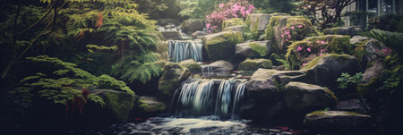 A quiet garden with a beautiful waterfall. Lush greenery and blooming flowers. Generative AIの素材