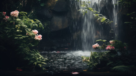 A quiet garden with a beautiful waterfall. Lush greenery and blooming flowers. Generative AIの素材