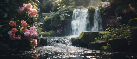 A quiet garden with a beautiful waterfall. Lush greenery and blooming flowers. Generative AIの素材