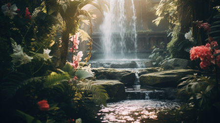 A quiet garden with a beautiful waterfall. Lush greenery and blooming flowers. Generative AIの素材