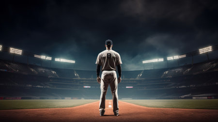 Baseball player in baseball arena stadium with copy space. Generative AIの素材