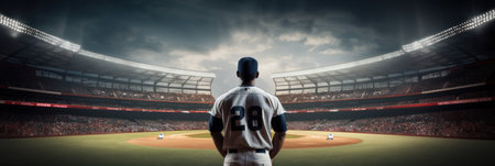 Baseball player in baseball arena stadium with copy space. Generative AIの素材