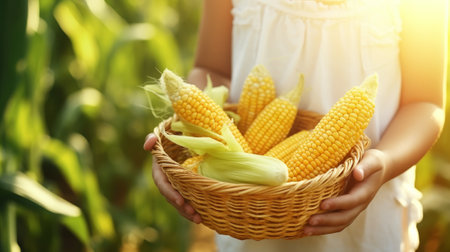 Girl is holding a basket full of corn. Generative AIの素材
