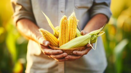 Girl is holding a basket full of corn. Generative AIの素材