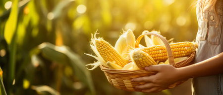 Girl is holding a basket full of corn. Generative AIの素材