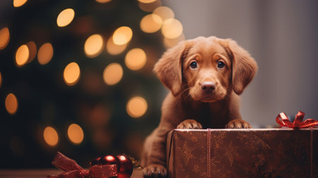 Dog with a gift. A touching and joyful gift concept. Generative AIの素材