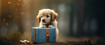 Dog with a gift. A touching and joyful gift concept. Generative AIの素材