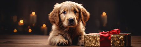 Dog with a gift. A touching and joyful gift concept. Generative AIの素材