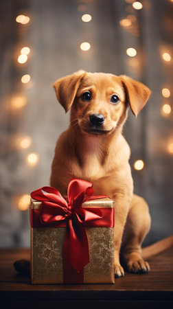 Dog with a gift. A touching and joyful gift concept. Generative AIの素材