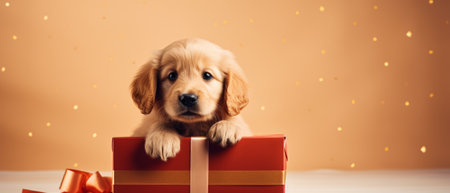 Dog with a gift. A touching and joyful gift concept. Generative AIの素材
