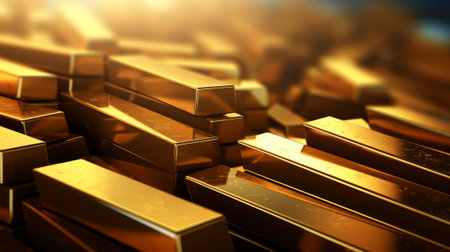 Massive heap of gleaming gold bars. Concept of wealth, prosperity, and luxury. Generative AIの素材
