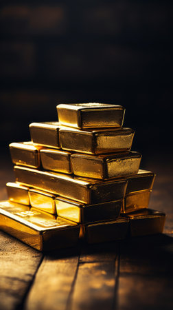 Massive heap of gleaming gold bars. Concept of wealth, prosperity, and luxury. Generative AIの素材