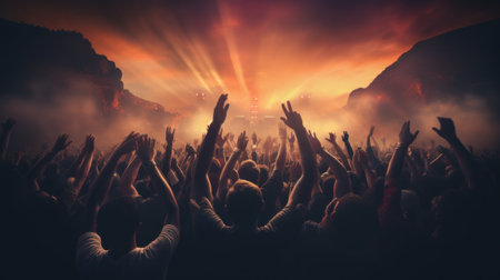 An energetic concert, during which the crowd spreads its hands. Generative AIの素材