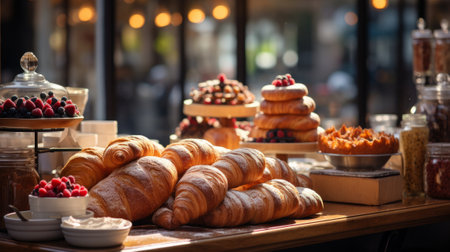Confectionery with the atmosphere of a street cafe. Delicious treats and pastries. Generative AIの素材