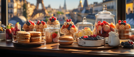 Confectionery with the atmosphere of a street cafe. Delicious treats and pastries. Generative AIの素材
