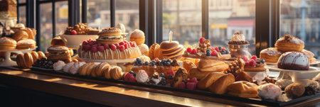 Confectionery with the atmosphere of a street cafe. Delicious treats and pastries. Generative AIの素材