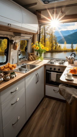 Cozy interior of a kitchen in a trailer. travel concept. Generative AIの素材