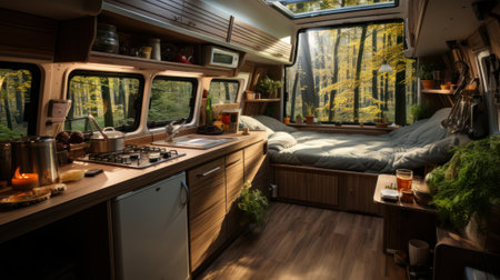 Cozy interior of a kitchen in a trailer. travel concept. Generative AIの素材