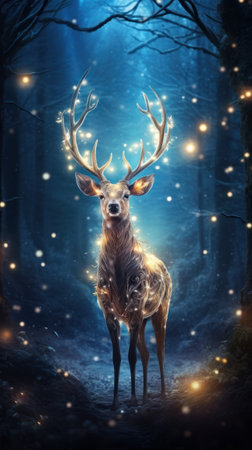 A festive deer sparkles with lights in a winter wonderland. Generative AIの素材
