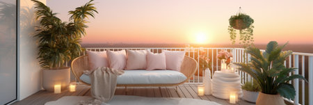 A minimalist balcony with cozy garden furniture. Generative AIの素材