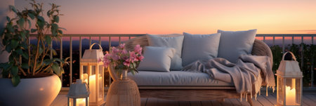 A minimalist balcony with cozy garden furniture. Generative AIの素材