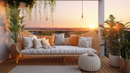 A minimalist balcony with cozy garden furniture. Generative AIの素材