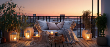A minimalist balcony with cozy garden furniture. Generative AIの素材
