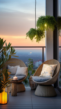 A minimalist balcony with cozy garden furniture. Generative AIの素材